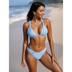 Berlook- Small Blue V-Neck Knot Rinbed Bikini/Swimsuit